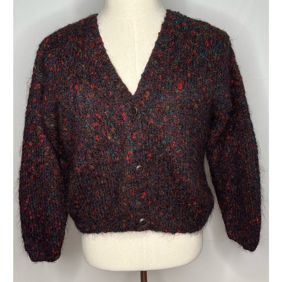 OBR women's dark maroon sweater cardigan mohair blend knit v-neck multicolor M - Picture 1 of 9